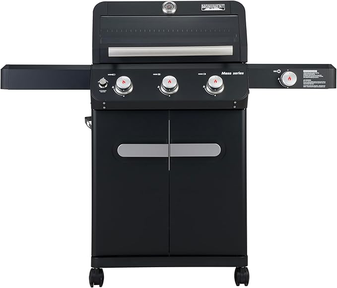 Monument Grills 3+1 Outdoor Barbecue Stainless Steel Propane Gas Grill, 3 Burners & 1 Side Burner 48,000 BTU Patio Garden Grill with Knob Controls, Mesa325, Black