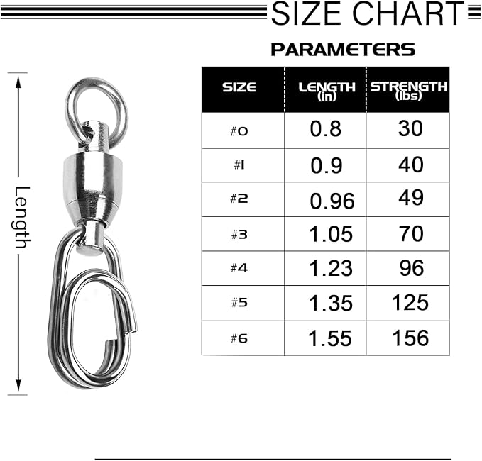 Atibin High Strength Fishing Swivel Steel Stainless Connector Swivel Snaps Saltwater Ball Bearing Split Rings Freshwater White Nickel 30lbs-156lbs