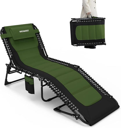 Oversized Padded Outdoor Folding Lounge Chair for Adults 330Ibs Patio Chaise Lounge for Outside 5-Position Adjustable Reclining Beach Chair with Pillow Pocket