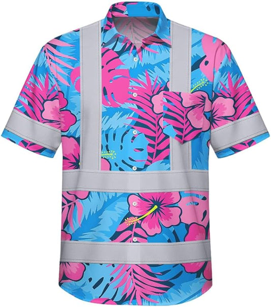 High Visibility Hawaiian Shirt for Men Tropical Shirts Custom Name Floral Outfit Reflective Safety Workwear