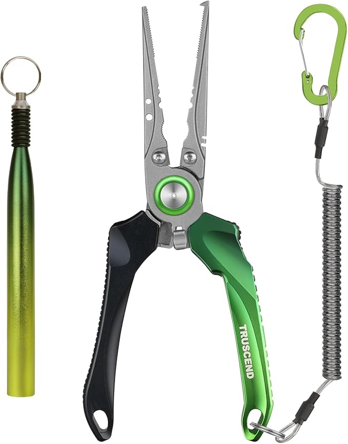 TRUSCEND Lockable Handy Fishing Pliers with Innovative Ergonomic Handle, Saltwater Corrosion Resistant Teflon Coated Fishing Tool, Multi-Function Fishing Gear with Mo-V Cutter