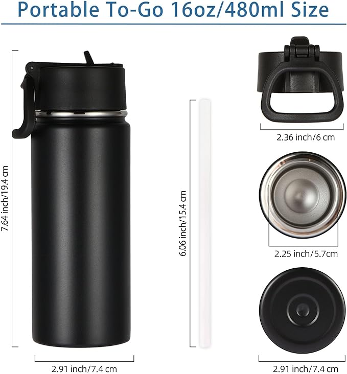 Volhoply 16 OZ Kids Water Bottle Bulk 2 Pack,Insulated Sports Bottles with Straw Lid,Stainless Steel Bottle with Handle Keep Cold & Hot,Double Wall Vacuum Tumbler Cups for School,Girls(Mix, 2)