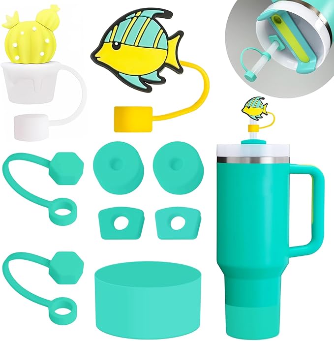 Stanley Cup Accessories Set Including 6 Pcs Silicone Spill Proof Stopper, 2 Pcs Straw Cover Cap for 9-10 mm Straws, 1 Pcs Silicone Boot for Stanley Cup 40oz & 30oz Tumbler (Tropical Teal)