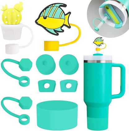 Stanley Cup Accessories Set Including 6 Pcs Silicone Spill Proof Stopper, 2 Pcs Straw Cover Cap for 9-10 mm Straws, 1 Pcs Silicone Boot for Stanley Cup 40oz & 30oz Tumbler (Tropical Teal)