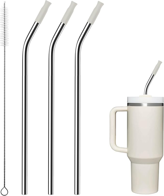 Reusable Stainless Steel Straws with Silicone Tip for Stanley 40oz, Metal Drinking Straws for 40oz Tumbler,3 Bent Tubes & 6 Tips& 1 Cleanr Brush (Cream)