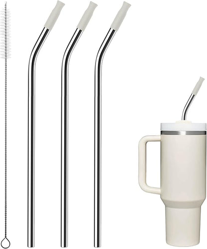 Reusable Stainless Steel Straws with Silicone Tip for Stanley 40oz, Metal Drinking Straws for 40oz Tumbler,3 Bent Tubes & 6 Tips& 1 Cleanr Brush (Cream)