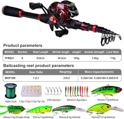Fishing Rod and Reel Combo, 6.9ft Carbon Fiber Telescopic Fishing Pole with Spinning/Baitcasting Reel Combos, Sea Saltwater Freshwater Ice Bass Fishing Tackle Set Fishing Rods Kit