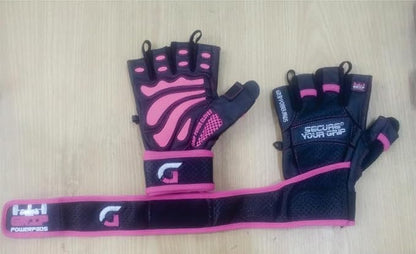 Grip Power Pads Leather Gym Gloves for Women – Built-in 2" Wrist Wraps, Pink Weightlifting, Powerlifting, Bodybuilding Workout