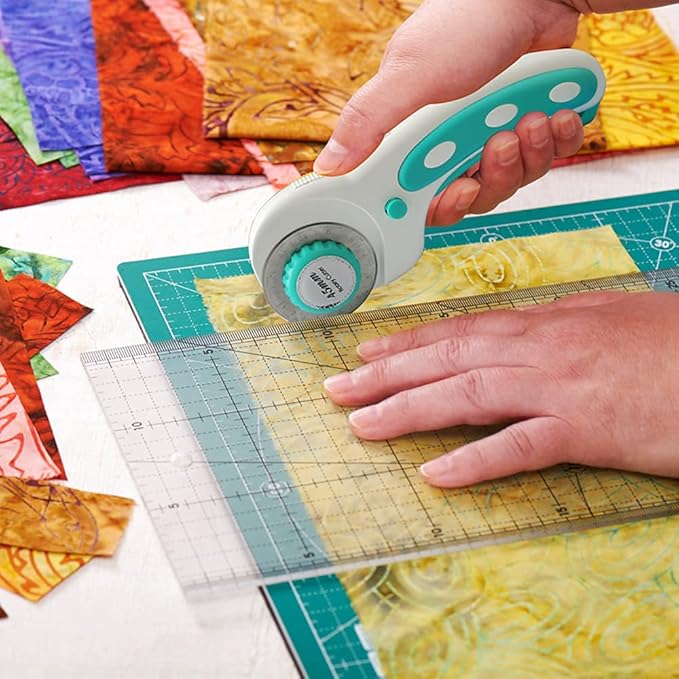 Headley Tools 45mm Rotary Cutter with 9pcs Extra Rotary Blades, Ergonomic Rolling Cutter with Safety Lock for Fabric, Sewing, Quilting, Cloth, Paper, Leather, Crafting, Fabric Rotary Cutter (Cyan)