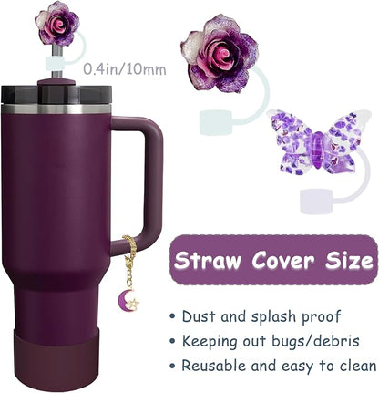 Stanley Cup Accessories Set,Including 2 Pcs 0.4in Straw Cover, 1 Silicone Spill-Proof Stopper Set of 3, 1 Cute Moon Handle Charm, 1 Silicone Boot Fits Stanley 40&30 Oz Tumbler (Plum)