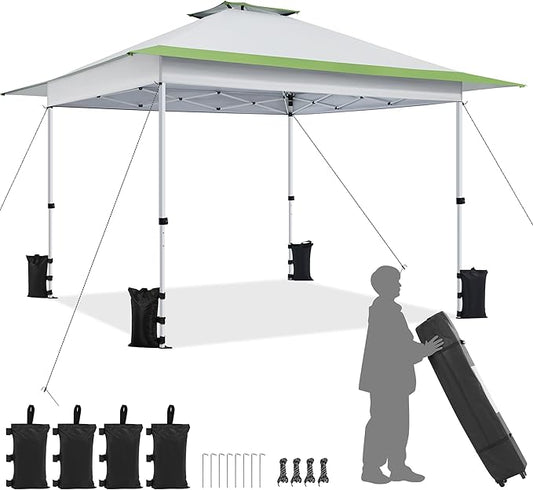 Yaheetech 13x13 Pop Up Canopy Tent, Straight Leg Easy Single Person Set-up Folding Shelter w/Extending Eaves w/Rolling Storage Bag & Sandbags for Garden, Patio, Lawn, Backyard, Deck, Light Gray/Green