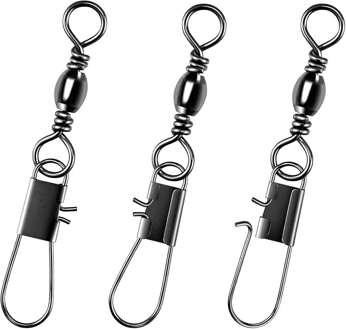 Alwonder 100-Pack Fishing Snap Swivels, Barrel Swivels Fishing Tackle with Snaps Freshwater, Stainless Steel Safty Interlock Snap Swivel Black Nickel Coated Lure Hook Connector Quick Change Clips