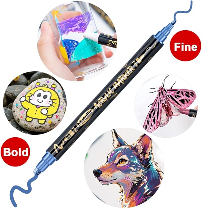 TRANSON 12Colors Metallic Paint Markers Bold and Fine Dual-tip for Rock Wood Ceramic Canvas DIY Painting Drawing