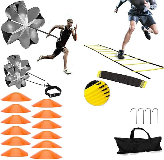 Agility Ladder, Speed Ladder, Speed Training Equipment Set, 20ft Agility Ladder, 12 Soccer Cones, Running Parachute, Basketball Football Soccer Training Equipment for Kids, Youth, Adults