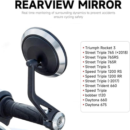 Motorcycle Handlebar Bar End Mirrors, CNC Aluminum 360 Degrees Adjustment Rearview Mirror Fit for Triumph Rocket 3/Street Triple 765RS/Bobber T120/Daytona 660 (Round Bar End Mirror)