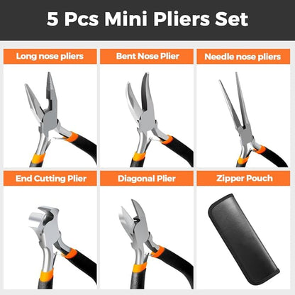 LIFEGOO 5 Pieces Mini Pliers Set – Durable Precision Tool Kit for Crafts, Jewelry & DIY, Includes Long Needle Nose, Bent Nose, Diagonal, End Cutting, Nipper (Black)
