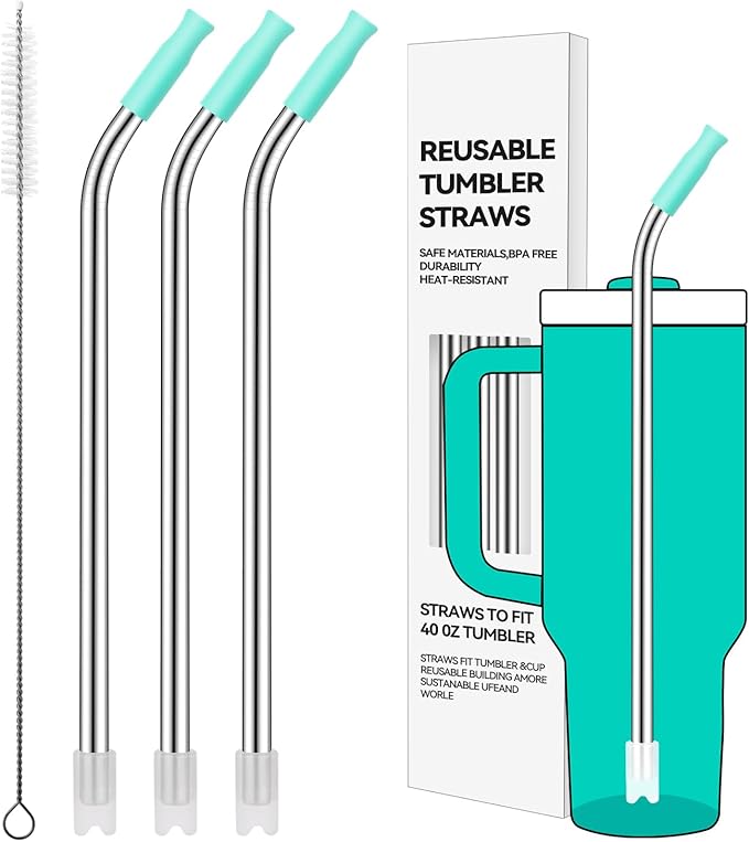 Reusable Stainless Steel Straws with Silicone Tip for Stanley 40oz, Metal Drinking Straws for 40oz Tumbler,3 Bent Tubes & 6 Tips& 1 Cleanr Brush (Tropical Teal)