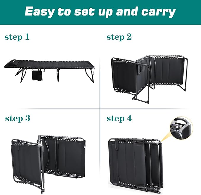 Outdoor Folding Lounge Chair Padded for Adults 264Ibs Patio Chaise Lounge Chair for Outside 5-Position Adjustable Reclining Beach Chair with Pillow Pocket