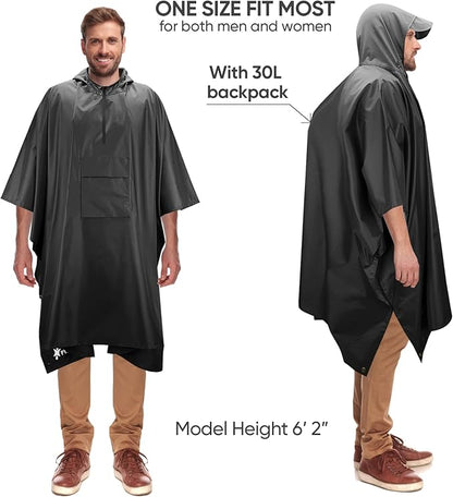 PTEROMY Hooded Rain Poncho for Adult with Pocket, Waterproof Lightweight Unisex Raincoat for Hiking Camping Emergency