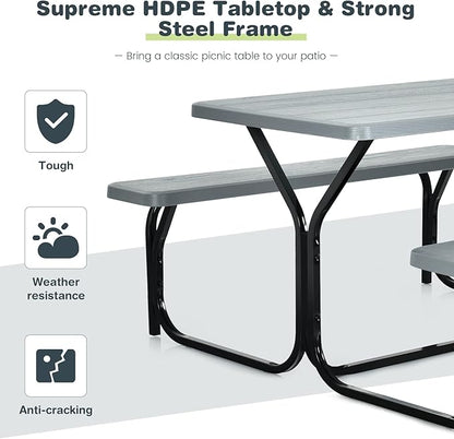 Tangkula Picnic Table Bench Set, Outdoor Picnic Table with 2 Benches, Metal Camping Table with Plastic Wood-Like Texture Tabletop & Steel Frame, Ideal for Picnic, Party, Garden, Lawn (Grey)