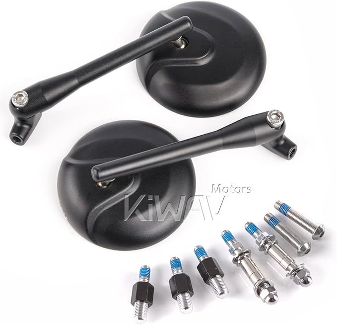 KiWAV Motorcycle Mirrors Aluminum Retro 4 Inches Round Matte Black Convex 10mm 5/16 Inches Bolts Pack of a Pair
