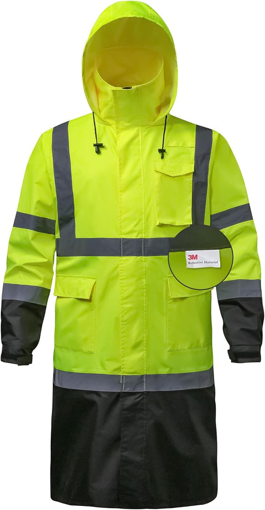 Reflective Rain jackets for men waterproof,Hi Vis Rain Coat With 3M Reflective Strips，High Visibility Class 3 Rain Gear With 2 large pockets，Zipper,Black Bottom Lime，6XL