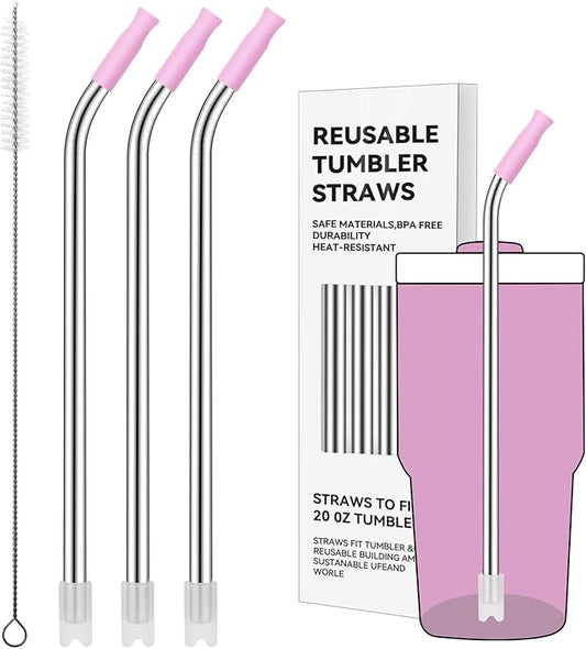Reusable Metal Straws with Silicone Tip for Stanley 20oz,Stainless Steel Drinking Straws for 20oz Tumbler,3 Bent Tubes & 6 Tips& 1 Cleanr Brush(Lilac)