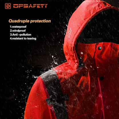 Safety jacket for men,Reflective high Visibility Hooded jacket,Hi-Vis Bomber Jacket with Pockets and Zipper,Waterproof,Black Bottom,ANSI/ISEA 107-2020 Type R Class 3,Orange
