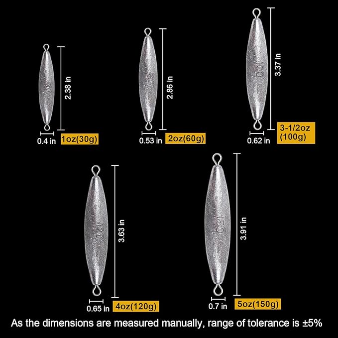 Through Wire Inline Torpedo Sinkers, Lead Double Ringed One Piece Wire Saltwater Fishing Torpedo Weights for Bottom Surf Fishing 1oz, 2oz, 3oz, 4oz, 5oz