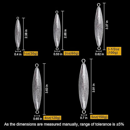 Through Wire Inline Torpedo Sinkers, Lead Double Ringed One Piece Wire Saltwater Fishing Torpedo Weights for Bottom Surf Fishing 1oz, 2oz, 3oz, 4oz, 5oz