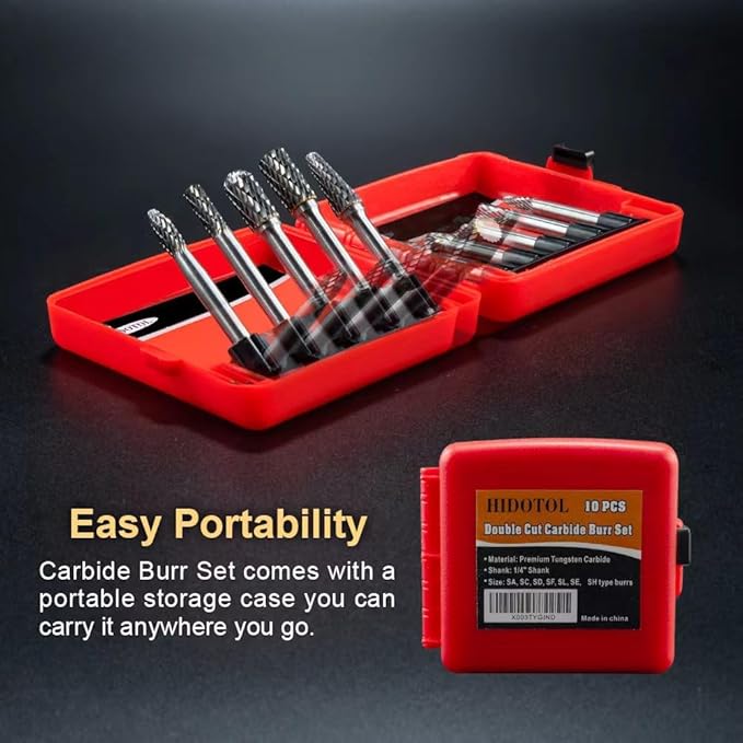 1/4" shank Carbide Burr Set Tungsten 10PC Double Cut Carbide Rotary Burr Set for Metal and Wood Carving, Grinding, Polishing, Engraving, Drilling with Plastic Box.