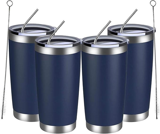 MEWAY 20oz Tumbler 4 Pack Double Wall Vacuum Insulated Travel Mug Bulk, Stainless Steel Tumblers with Lid and Straw, Durable Powder Coated Coffee Cups for Cold & Hot Drinks (Navy, 4)