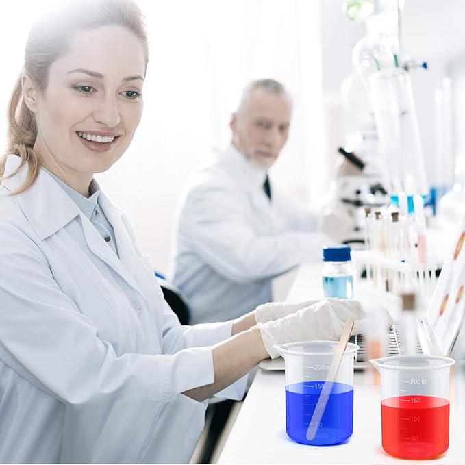 Coopay 12 Pack 200ml/6.8oz Plastic Beakers Epoxy Mixing Cups, Plastic Graduated Cups Clear Multipurpose Measuring Cups with 50 Pack Wooden Stirring Sticks for Resin, Epoxy, Stain, Mixing Paint