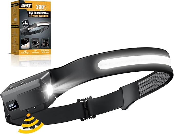 BIAT LED Headlamp Rechargeable, 230° Wide Beam Headlight with Motion Sensor, 90° Rotation and Removable Head Lights for Forehead, 5Mode Head Lamp for Adults, Camping Essentials Gear for Hiking