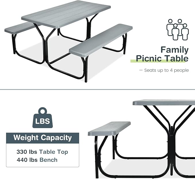 Tangkula Picnic Table Bench Set, Outdoor Picnic Table with 2 Benches, Metal Camping Table with Plastic Wood-Like Texture Tabletop & Steel Frame, Ideal for Picnic, Party, Garden, Lawn (Grey)