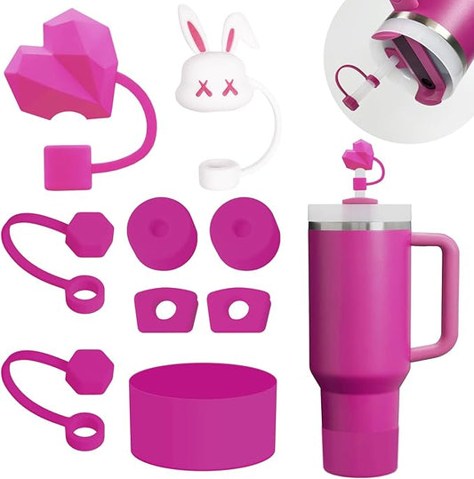 Stanley Cup Accessories Set Including 6 Pcs Silicone Spill Proof Stopper, 2 Pcs Straw Cover Cap for 9-10 mm Straws, 1 Pcs Silicone Boot for Stanley Cup 40oz & 30oz Tumbler (Fuchsia)