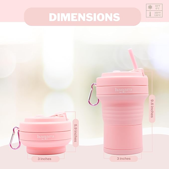 HANARA Collapsible Cup with Reusable Straw – 18 Oz (550 Ml), Portable Travel Mug, BPA-Free, Leak-Proof, Microwave & Dishwasher Safe, Multi-Purpose for Hot & Cold Drinks – Pink