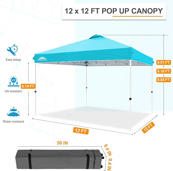 EAGLE PEAK Pop Up Canopy Tent with Wheeled Carry Bag, 8 Stakes, 4 Ropes, 4 Weight Bags, Easy Set Up Tent Canopy, 12x12 ft, 144sqft of Shade, Light Blue