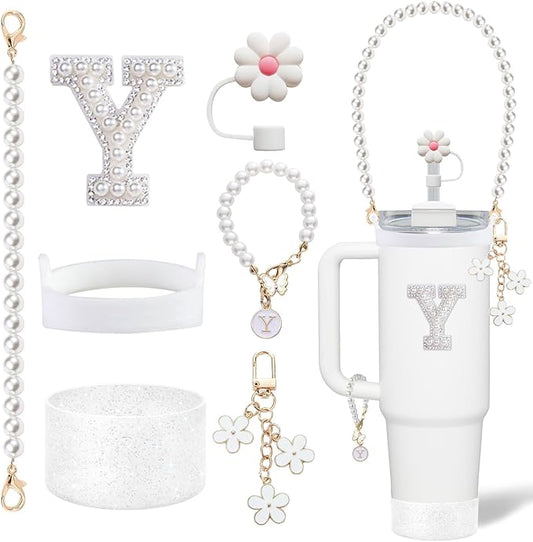 Stanley Cup Accessories Set - Including Water Bottle Carrying Pearl Strap, Handle Letter Charms Sticker, Silicone Cups Boot Straw Cover for 40oz & 30oz Tumbler Accessory Kit