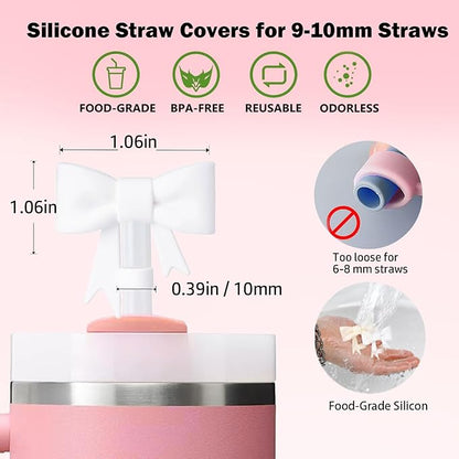 Bow for Stanley Straw Topper- 3pcs Cute Cup Bow Straw Cover Silicone Cap 10mm with 2pcs Initial Letter Charms Name Id Personalized Accessories 40/30 Oz Tumbler Water Bottle Cups White-R