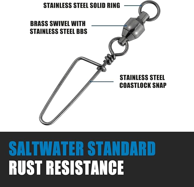 Dr.Fish Fishing Snap Swivels Ball Bearing Swivels Fishing Tackle Saltwater & Freshwater Coast-Lock Lure Snap Clips Terminal Tackle Line Leader Connector Accessories