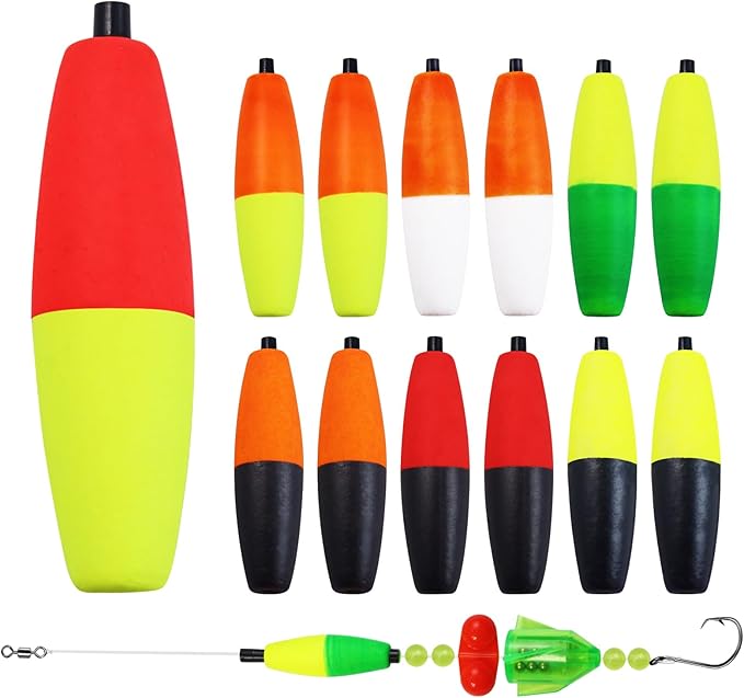 Bicolor Peg Floats, 1.5'' 2'' 2.5'' 3'' Cigar Fishing Cork Bobber Foam Floats with Pipe Plug for Catfish Santee Rigs 35 Pack