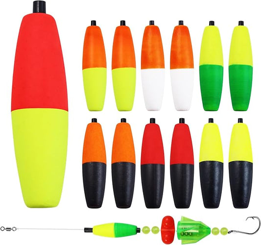 Bicolor Peg Floats, 1.5'' 2'' 2.5'' 3'' Cigar Fishing Cork Bobber Foam Floats with Pipe Plug for Catfish Santee Rigs 35 Pack