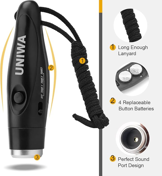 UNIWA Electronic Whistle, 4 Pack Handheld Electronic Whistles Electric Whistle with Lanyard Three Tone Distinct High Volume Outdoor Sport Whistle for Coaches, Referees, P.E. Teacher