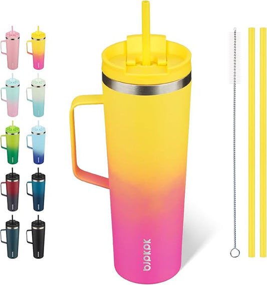 BJPKPK Insulated Tumbler with Handle, 30oz Insulated Tumblers with Lid and Straw, Stainless Steel Metal Water Bottles, Coffee Travel Mugs, Cups, Pink & Yellow Rose