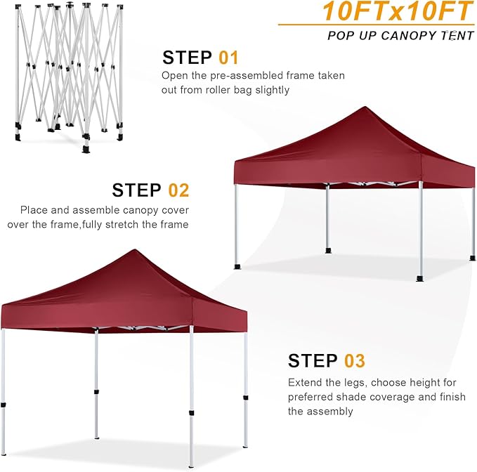 10x10 Pop Up Canopy Tent for Outdoor Commercial Instant Sun Shelter,Burgundy