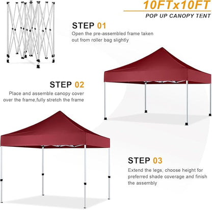 10x10 Pop Up Canopy Tent for Outdoor Commercial Instant Sun Shelter,Burgundy