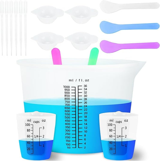 Creahaus 1000ML Large Silicone Measuring Cups for Resin, Easy to Read 36oz Silicone Mixing Bowl with 100ML Mixing Cup, Easy Clean Reusable Epoxy Resin Supplies with Stir Stick, Pipettes