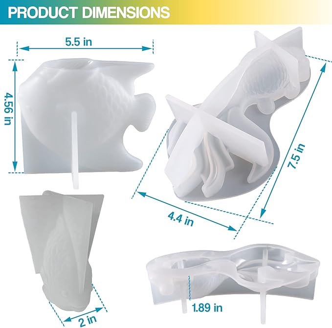 2Pcs Large Goldfish Resin Molds, 7.5in & 5.5in 3D Koi Fish Silicone Epoxy Moulds, Large Animal Silicone Mold for Resina Casting, DIY Craft, Home Office Cabinets Wall Desktop Decor