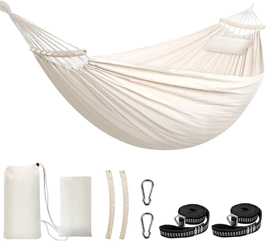 Chihee Cotton Hammock Large Soft Breathable Camping Hammock Holds Up to 660lbs Portable Tree Hammocks with Detachable Spreader Bar Pillow 2 Strong Webbings 2 Carabiners Patio Garden Indoor Outdoor